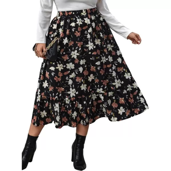 WDIRARA Women's Plus Size Floral Print Elastic Waisted Swing A Line Midi Skirt