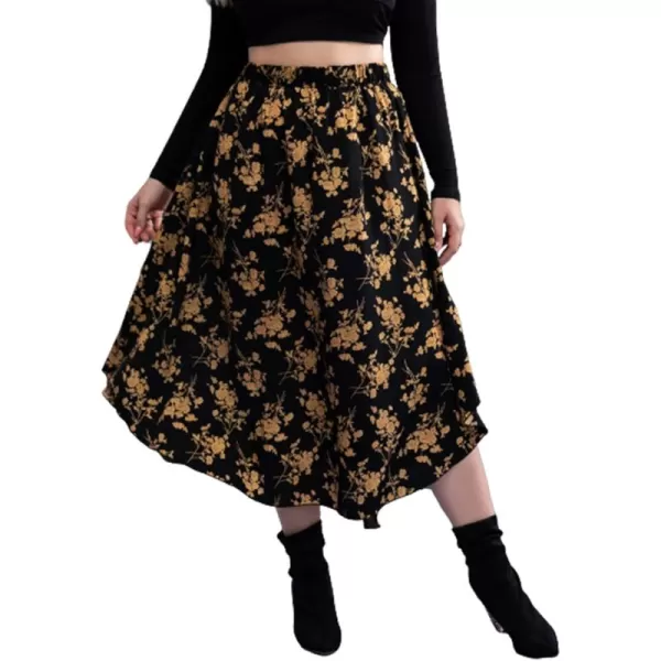 WDIRARA Women's Plus Size Floral Print Elastic Waisted Swing A Line Midi Skirt