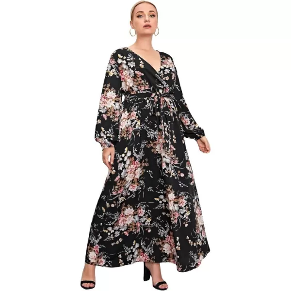 WDIRARA Women's Plus Size Floral Print V Neck Belted Bishop Long Sleeve Dress