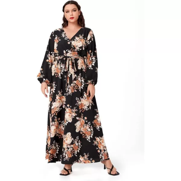 WDIRARA Women's Plus Size Floral Print V Neck Belted Bishop Long Sleeve Dress