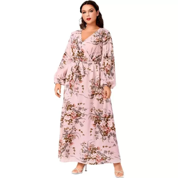 WDIRARA Women's Plus Size Floral Print V Neck Belted Bishop Long Sleeve Dress