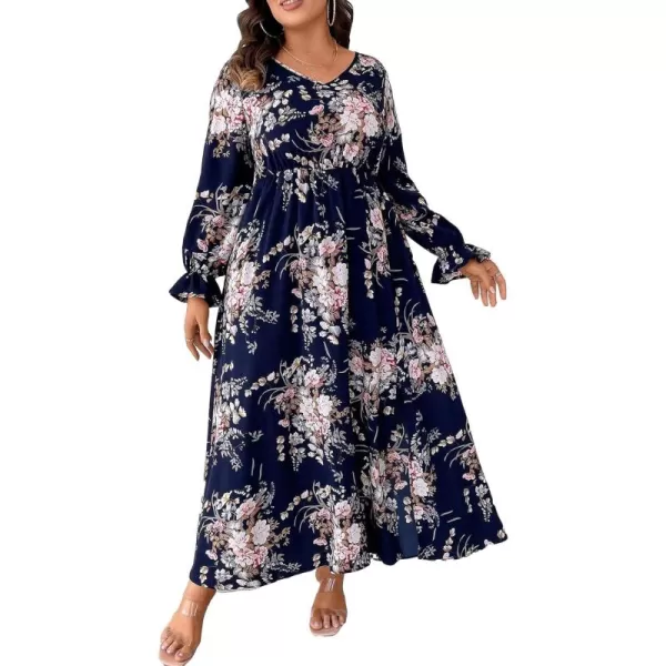 WDIRARA Women's Plus Size Floral Print V Neck Belted Bishop Long Sleeve Dress