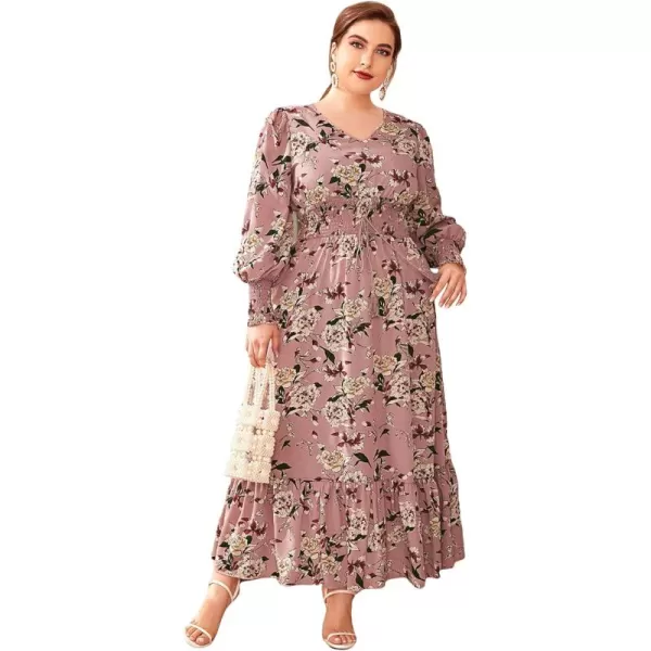 WDIRARA Women's Plus Size Floral Print V Neck Belted Bishop Long Sleeve Dress