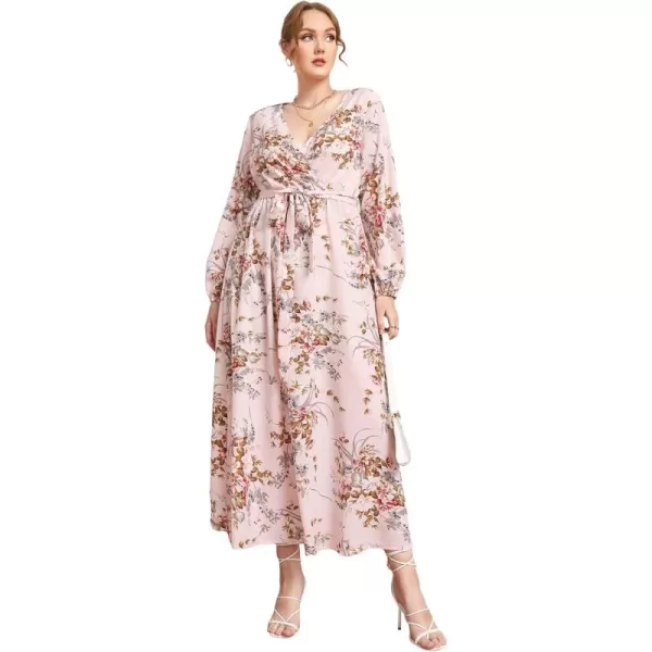 WDIRARA Women's Plus Size Floral Print V Neck Belted Bishop Long Sleeve Dress
