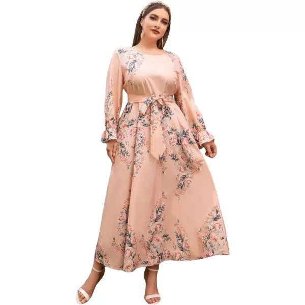 WDIRARA Women's Plus Size Floral Print V Neck Belted Bishop Long Sleeve Dress