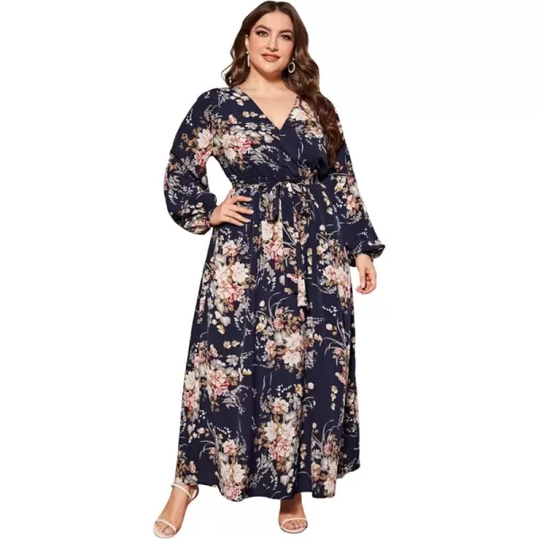 WDIRARA Women's Plus Size Floral Print V Neck Belted Bishop Long Sleeve Dress
