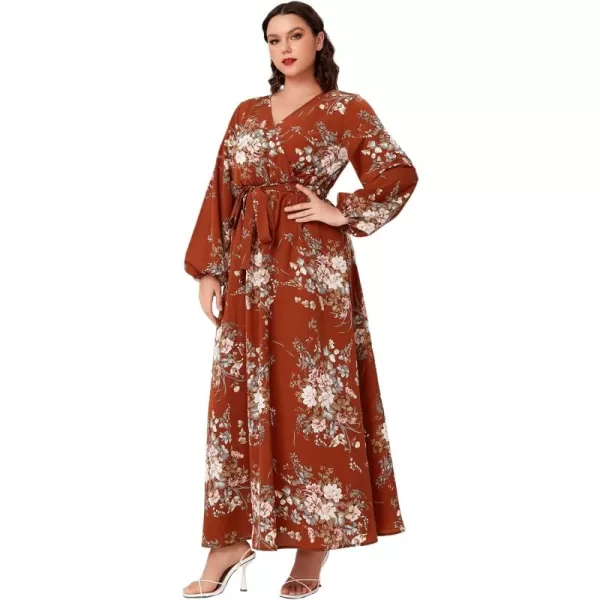 WDIRARA Women's Plus Size Floral Print V Neck Belted Bishop Long Sleeve Dress