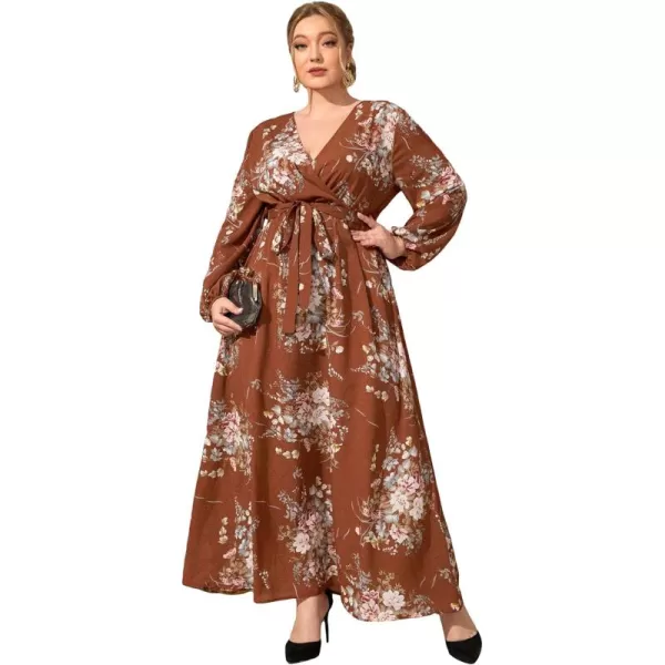WDIRARA Women's Plus Size Floral Print V Neck Belted Bishop Long Sleeve Dress