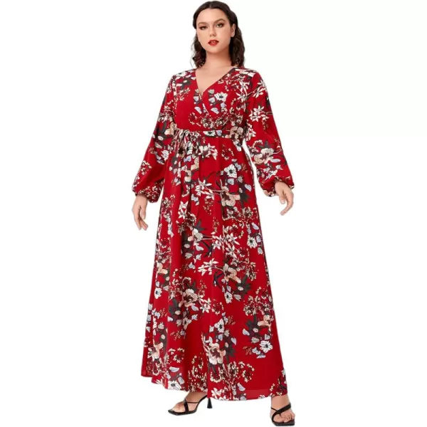 WDIRARA Women's Plus Size Floral Print V Neck Belted Bishop Long Sleeve Dress