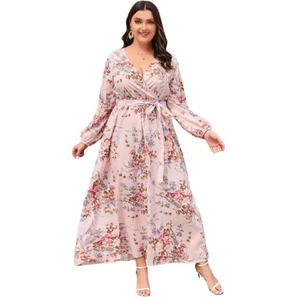 WDIRARA Women's Plus Size Floral Print V Neck Belted Bishop Long Sleeve Dress