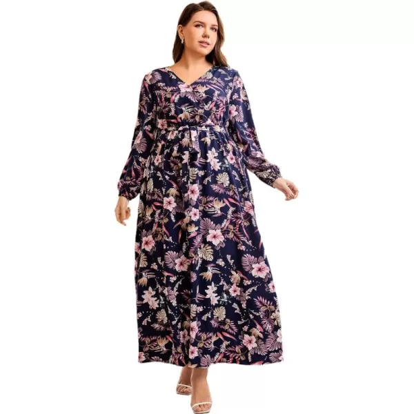 WDIRARA Women's Plus Size Floral Print V Neck Belted Bishop Long Sleeve Dress