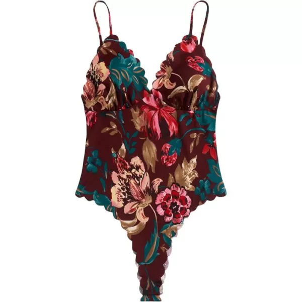 WDIRARA Women's Plus Size Floral Spaghetti Strap Camisole Scallop Trim Cami Bodysuit Top