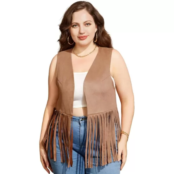 WDIRARA Women's Plus Size Fringe Hem Faux Suede Open Front Cardigan Vest Casual Coat