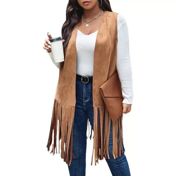 WDIRARA Women's Plus Size Fringe Hem Faux Suede Open Front Cardigan Vest Coat