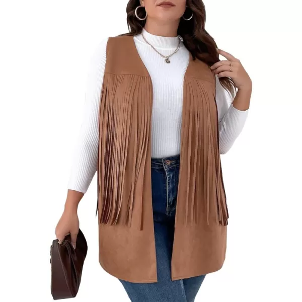 WDIRARA Women's Plus Size Fringe Trim Faux Suede Sleeveless Jacket Open Front Vest Cardigan