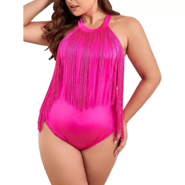 WDIRARA Women's Plus Size Fringe Trim Halter Neck Sleeveless Solid Bodysuit Top