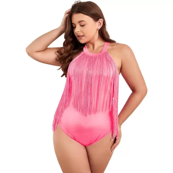 WDIRARA Women's Plus Size Fringe Trim Halter Neck Sleeveless Solid Bodysuit Top