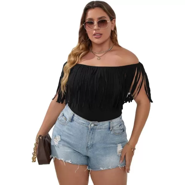 WDIRARA Women's Plus Size Fringe Trim Off the Shoulder Sleeveless Bodysuit Top