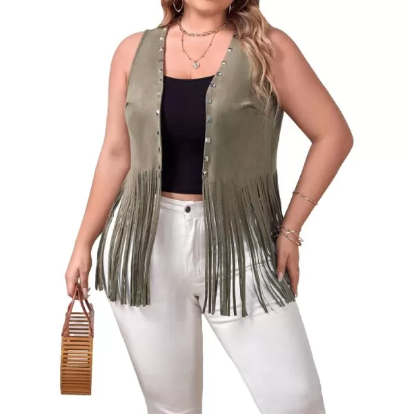 WDIRARA Women's Plus Size Fringe Trim Studded Detail Open Front V Neck Suede Boho Vest Jacket