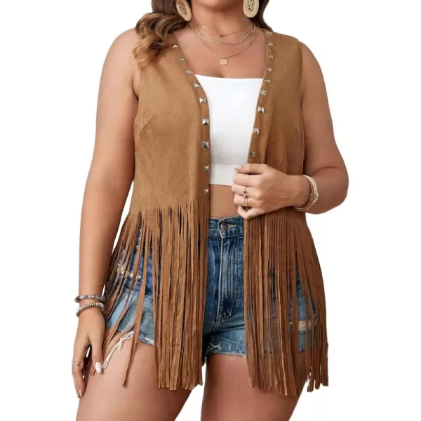 WDIRARA Women's Plus Size Fringe Trim Studded Detail Open Front V Neck Suede Boho Vest Jacket
