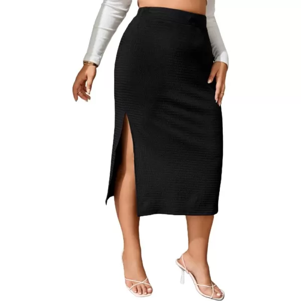 WDIRARA Women's Plus Size High Waist Fringe Trim Layered Split Hem Solid Elegant Midi Skirt