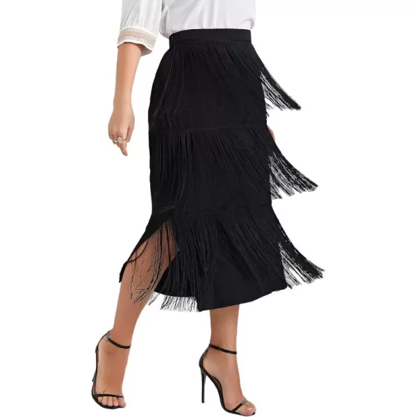 WDIRARA Women's Plus Size High Waist Fringe Trim Layered Split Hem Solid Elegant Midi Skirt