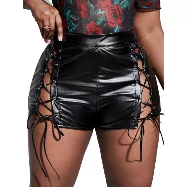 WDIRARA Women's Plus Size High Waist Lace Up Tie Side PU Leather Club Shorts