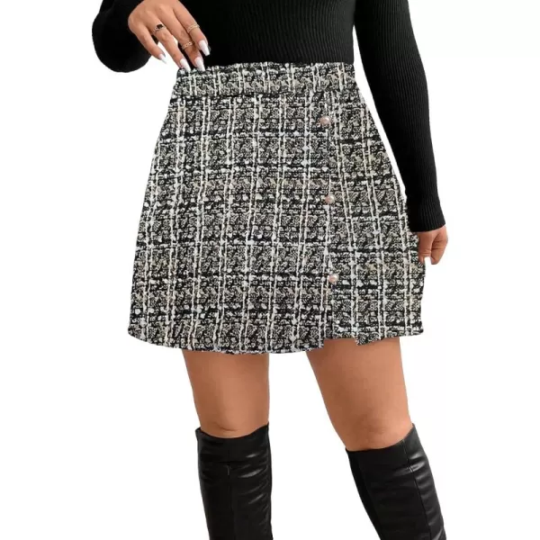 WDIRARA Women's Plus Size High Waisted Plaid Print Wrap Hem Button Front Tweed Mini Skirt
