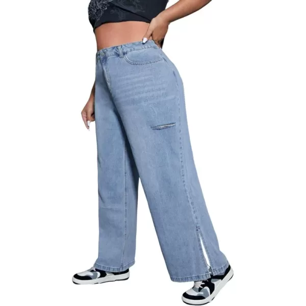 WDIRARA Women's Plus Size High Waisted Wide Leg Split Hem Ripped Loose Jeans Pants