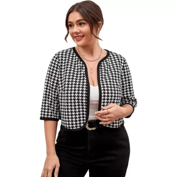 WDIRARA Women's Plus Size Houndstooth Open Front Contrast Binding Cropped Work Jacket