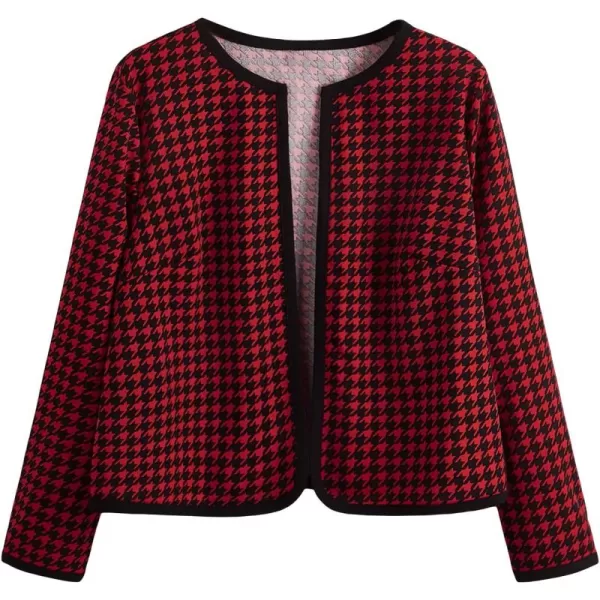 WDIRARA Women's Plus Size Houndstooth Open Front Long Sleeve Jacket Outerwear