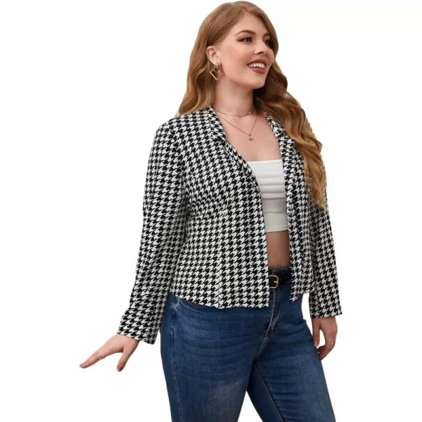 WDIRARA Women's Plus Size Houndstooth Print Long Puff Sleeve Open Front Jacket Blazer