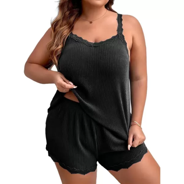 WDIRARA Women's Plus Size Lace Trim Cami Top and Shorts Ribbed Pajama Set Sleepwear