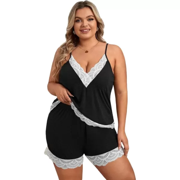 WDIRARA Women's Plus Size Lace Trim Cami Top and Shorts Ribbed Pajama Set Sleepwear