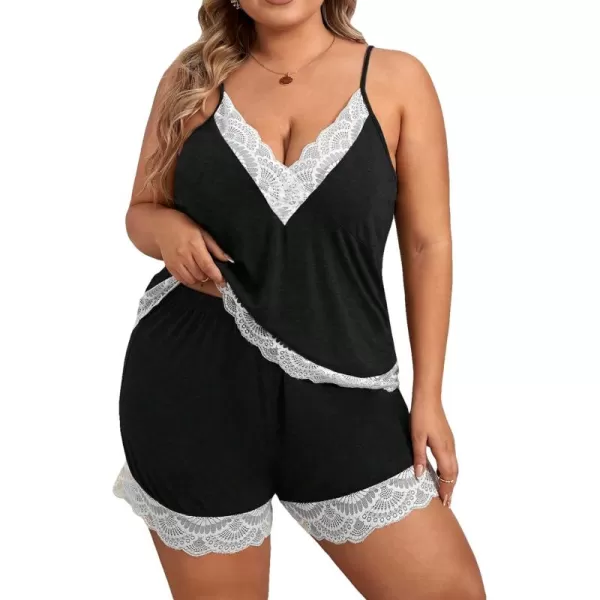WDIRARA Women's Plus Size Lace Trim Cami Top and Shorts Ribbed Pajama Set Sleepwear