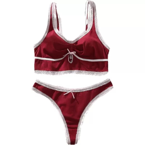 WDIRARA Women's Plus Size Lace Trim Ruched Underwire Lingerie Set Bralette and Panty Set