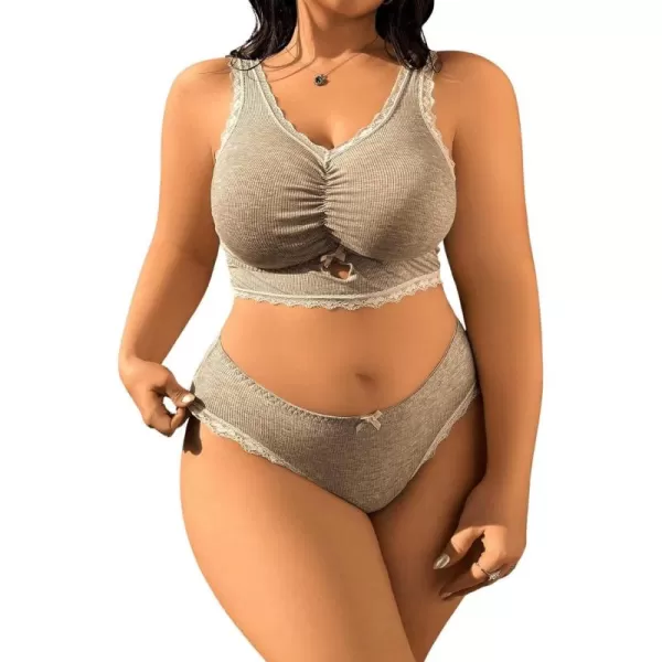 WDIRARA Women's Plus Size Lace Trim Ruched Underwire Lingerie Set Bralette and Panty Set