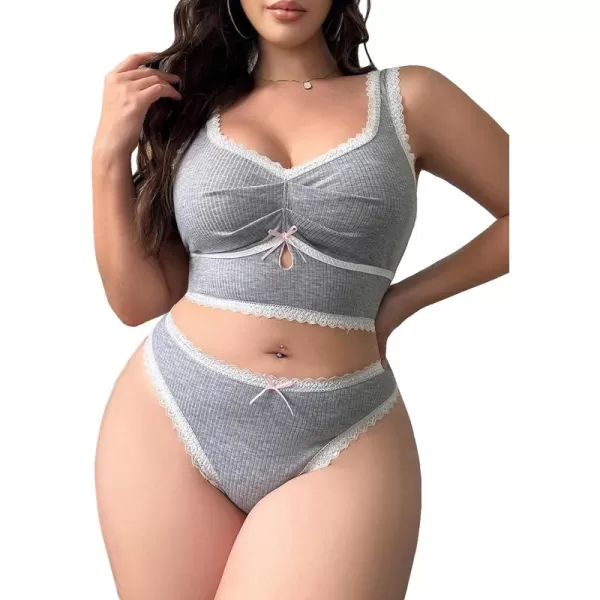 WDIRARA Women's Plus Size Lace Trim Ruched Underwire Lingerie Set Bralette and Panty Set