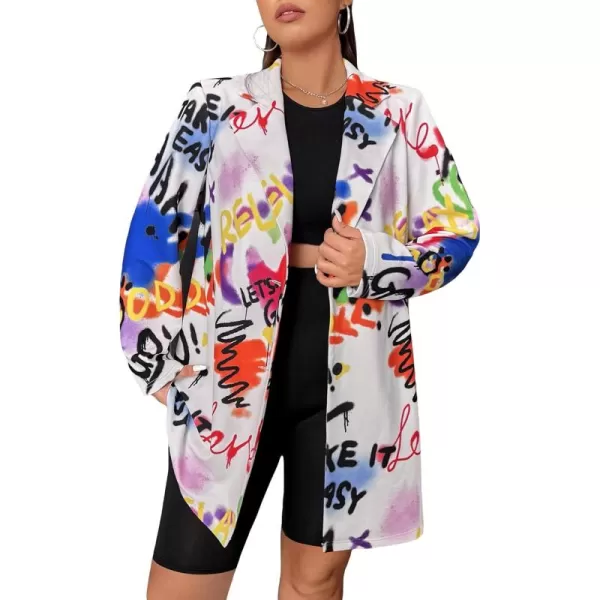 WDIRARA Women's Plus Size Lapel Collar Open Front Graffiti Graphic Button Blazer Jacket