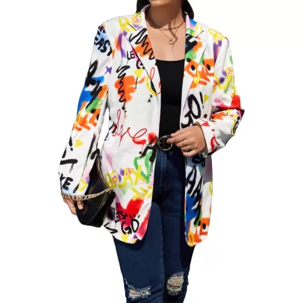 WDIRARA Women's Plus Size Lapel Collar Open Front Graffiti Graphic Button Blazer Jacket