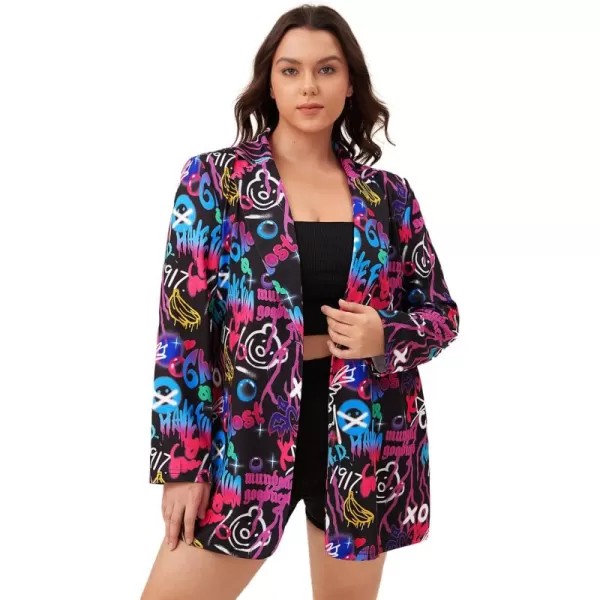 WDIRARA Women's Plus Size Lapel Collar Open Front Graffiti Graphic Button Blazer Jacket