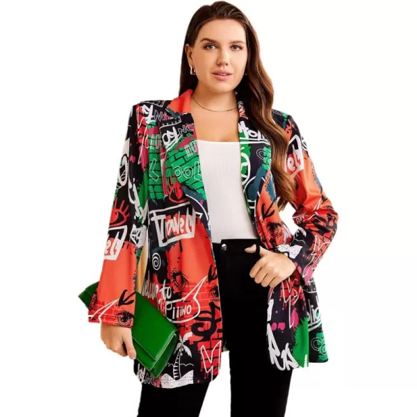 WDIRARA Women's Plus Size Lapel Collar Open Front Graffiti Graphic Button Blazer Jacket
