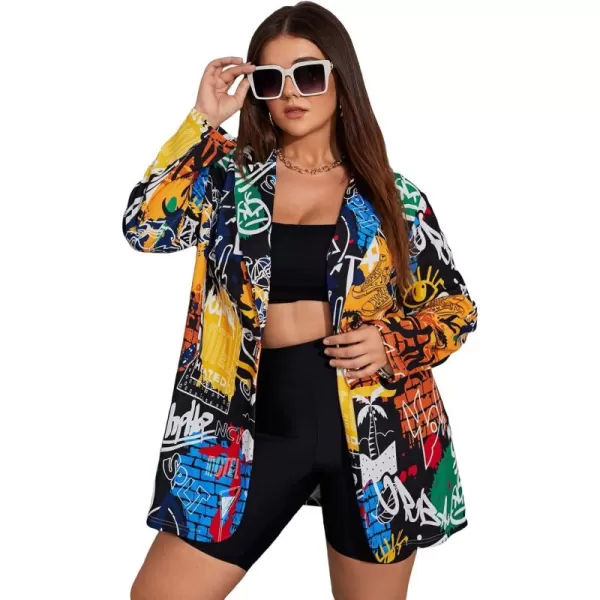 WDIRARA Women's Plus Size Lapel Collar Open Front Graffiti Graphic Button Blazer Jacket