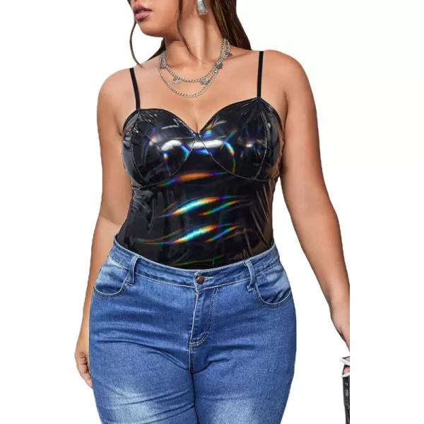 WDIRARA Women's Plus Size Metallic PU Leather Sleeveless Party Cami Bodysuit Tops Clubwear