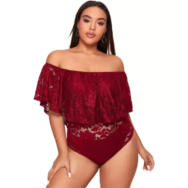 WDIRARA Women's Plus Size Off Shoulder Floral Lace Ruffle Trim Short Sleeve Bodysuit