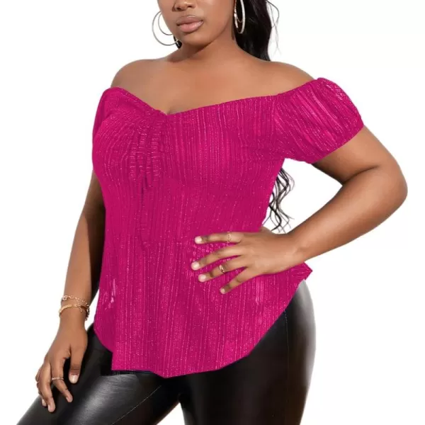 WDIRARA Women's Plus Size Off Shoulder Ruched Tie Front Mesh Short Sleeve Club Glitter Tops