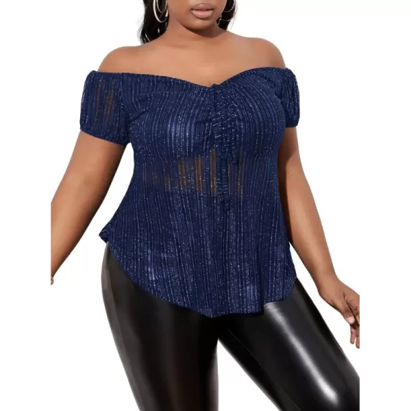 WDIRARA Women's Plus Size Off Shoulder Ruched Tie Front Mesh Short Sleeve Club Glitter Tops