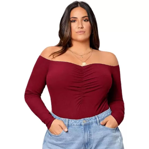 WDIRARA Women's Plus Size Off the Shoulder Long Sleeve Ruched Bodysuit Tops