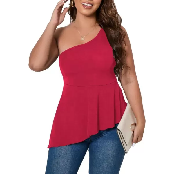 WDIRARA Women's Plus Size One Shoulder Asymmetrical Neck Sleeveless Flare Hem Peplum Top