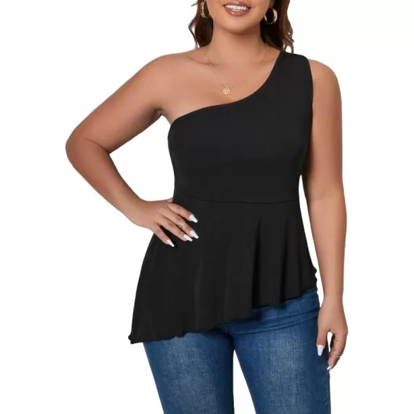 WDIRARA Women's Plus Size One Shoulder Asymmetrical Neck Sleeveless Flare Hem Peplum Top